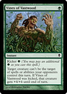Vines of Vastwood
 Kicker {G} (You may pay an additional {G} as you cast this spell.)
Target creature can't be the target of spells or abilities your opponents control this turn. If this spell was kicked, that creature gets +4/+4 until end of turn.